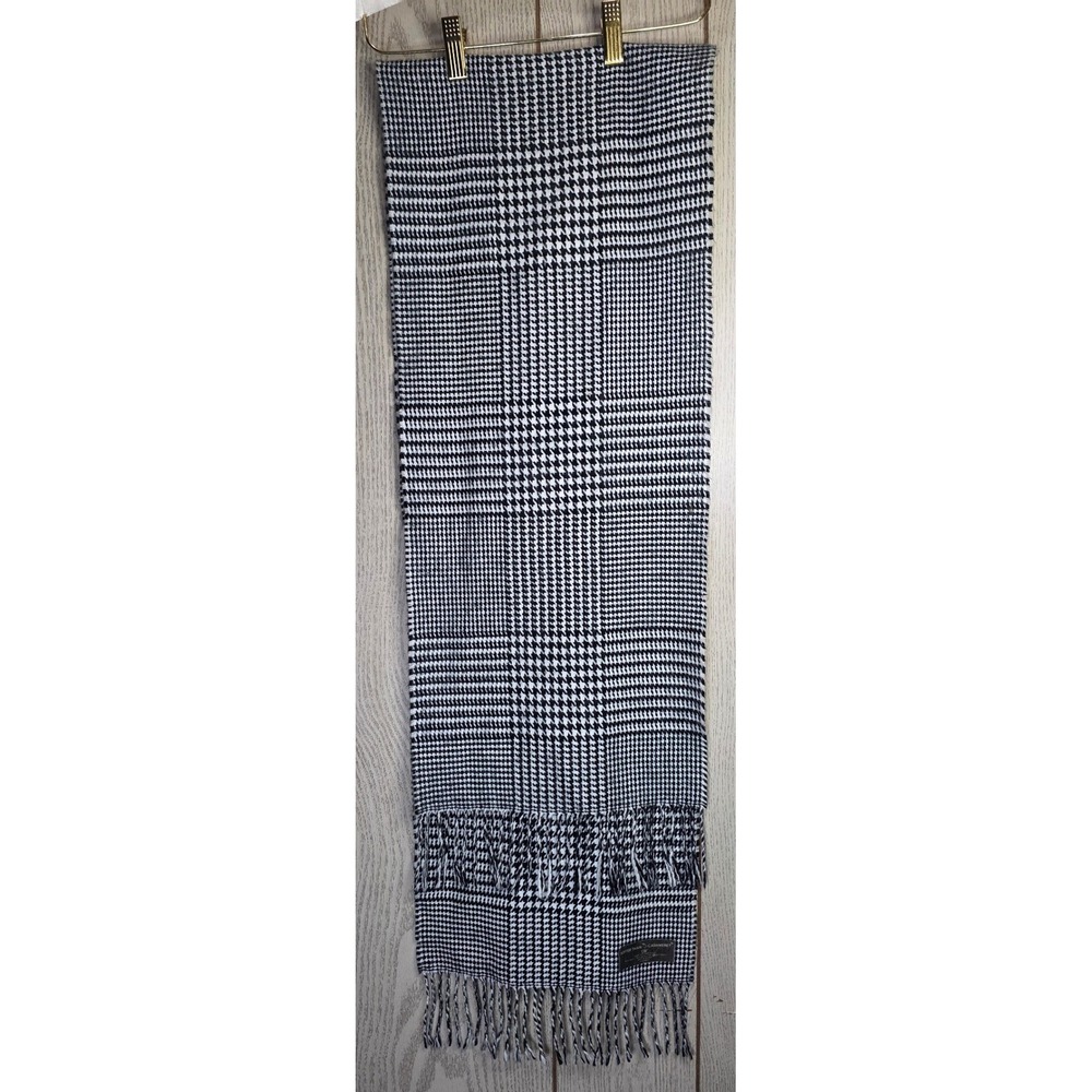 D&Y Black White Houndstooth Scarf Softer Than Cashmere Fringe Trim Acrylic